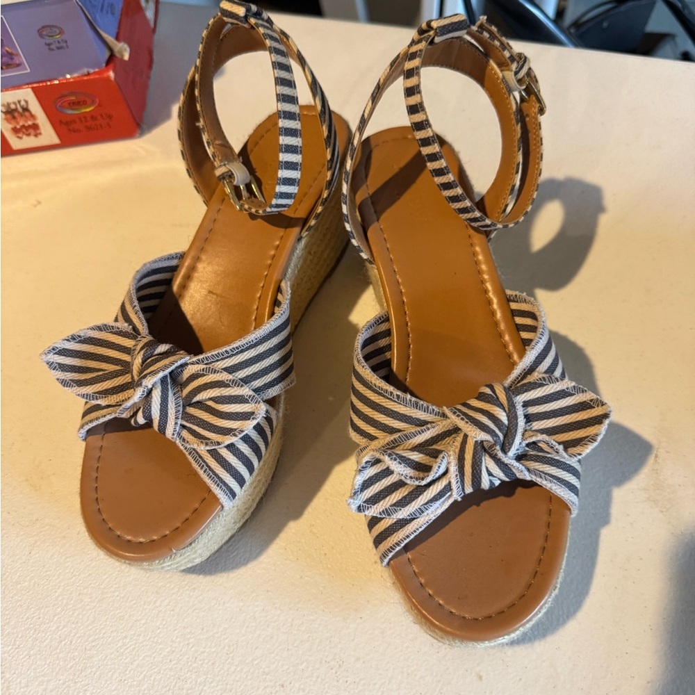 J. Crew Black and White Wedge Sandals with Striped Bow